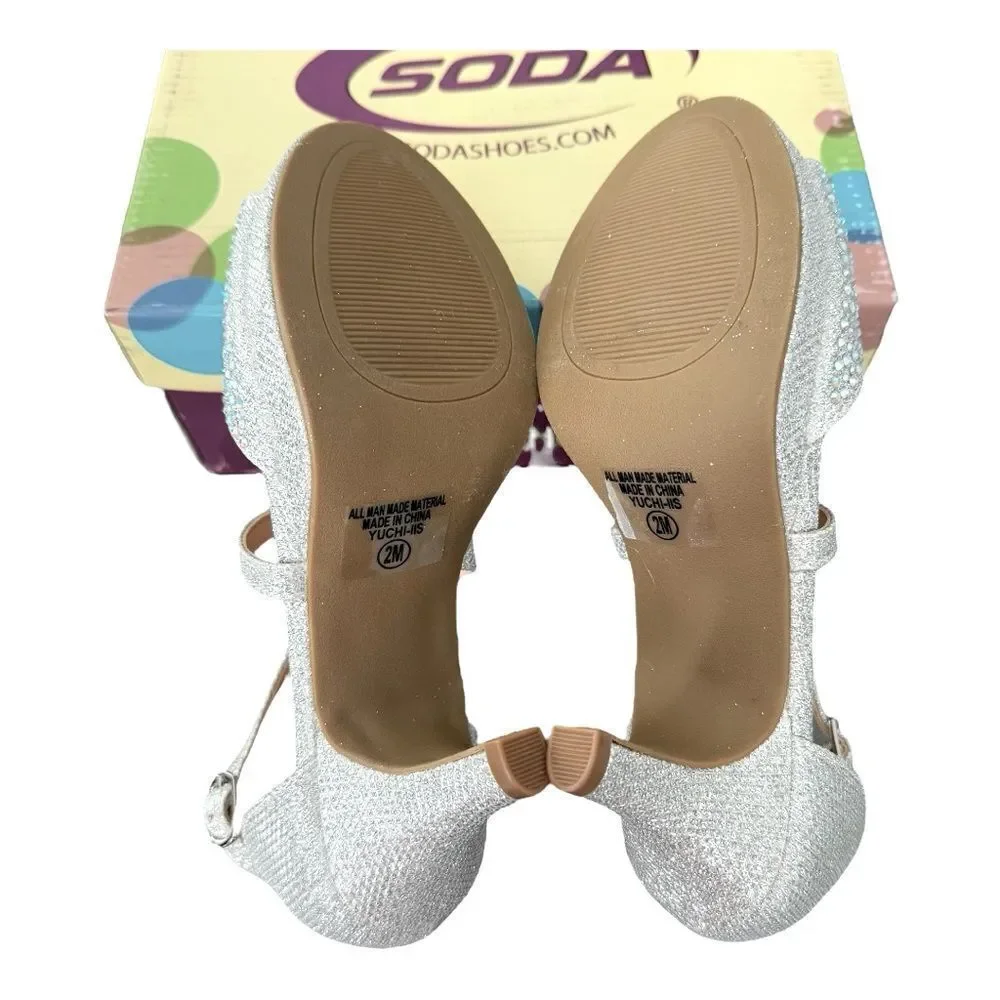 Soda Yuchi Silver Rhinestone Strappy Kitten Heels Girls Size 2